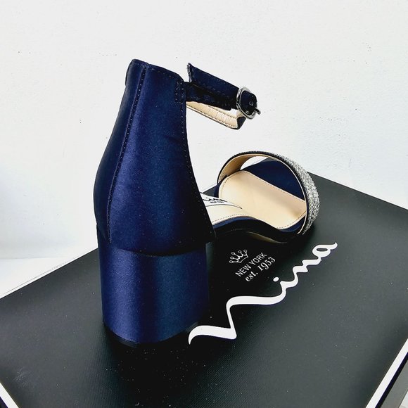 Nina, Elenora Low Strap Heels, New Navy Luster, Satin, Rhinestones, 5M - Picture 5 of 8